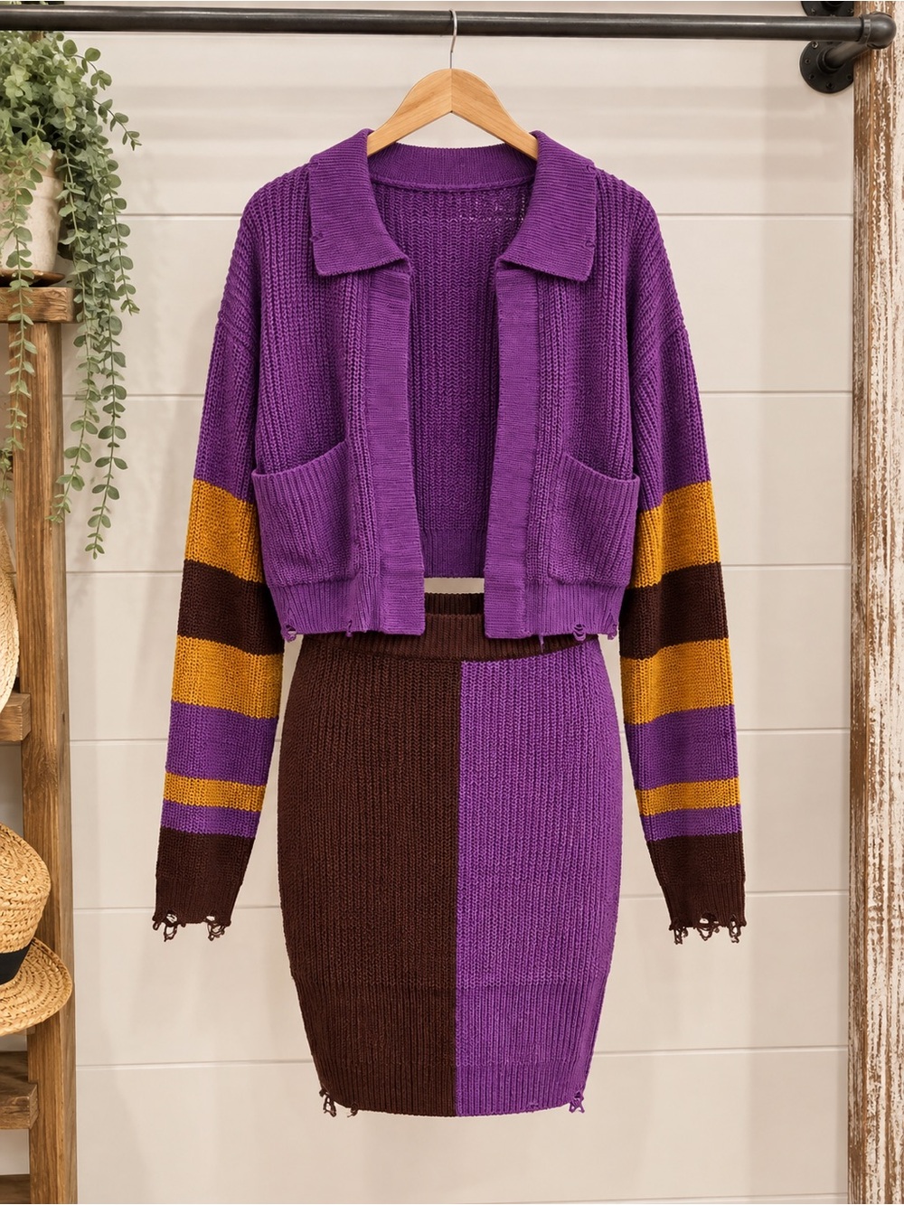 Brown Knit Pencil Skirt with Matching Cardigan Top - Ribbed Waistband